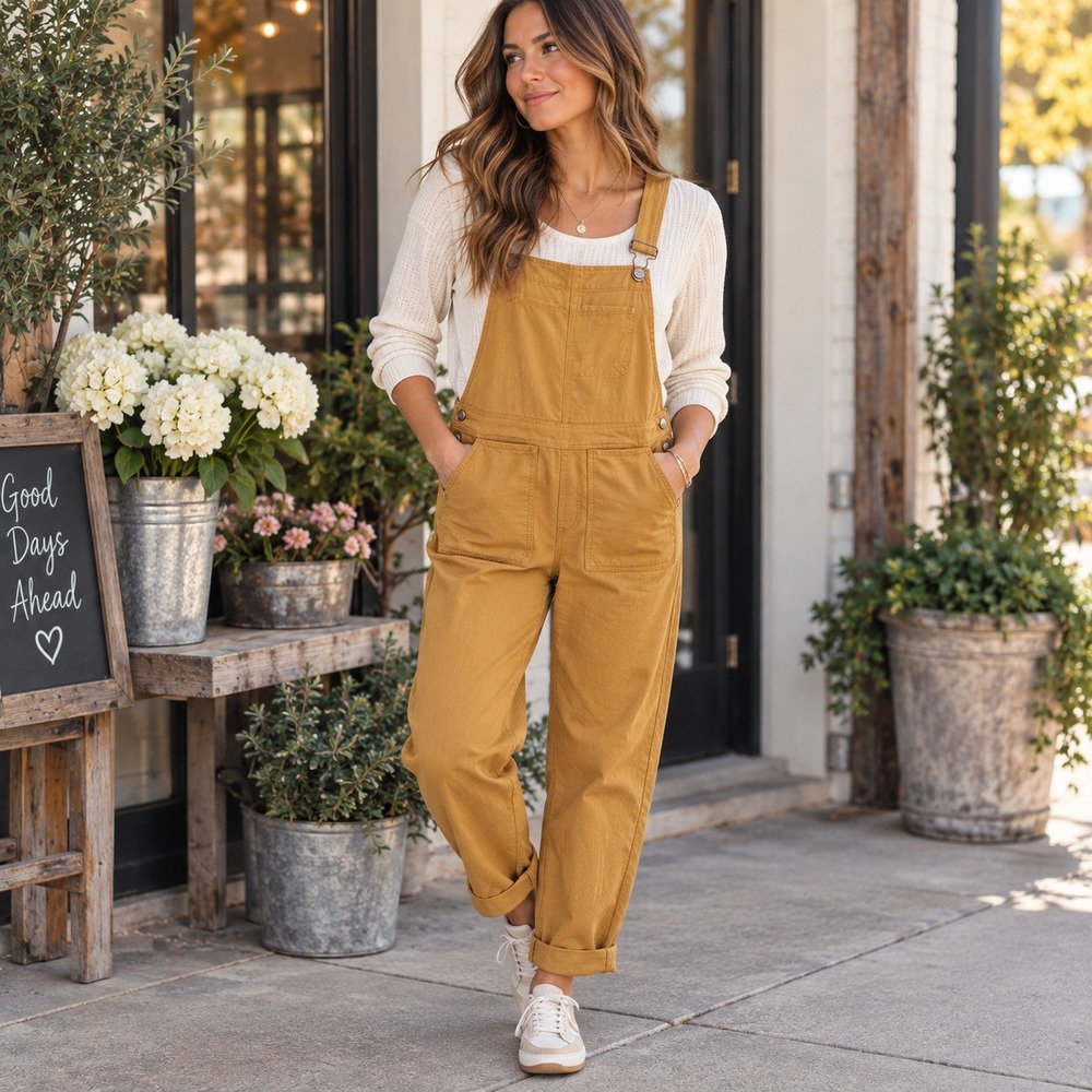 Carly Jean Los Angeles Overalls Mustard Tan Casual Boho Relaxed Women's Medium